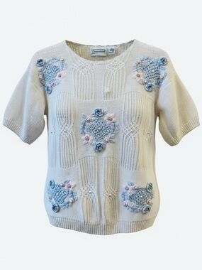 Vtg Shenanigans Floral Crochet Pearl Short SI Sweater Sz M Crochet Trim Cottage